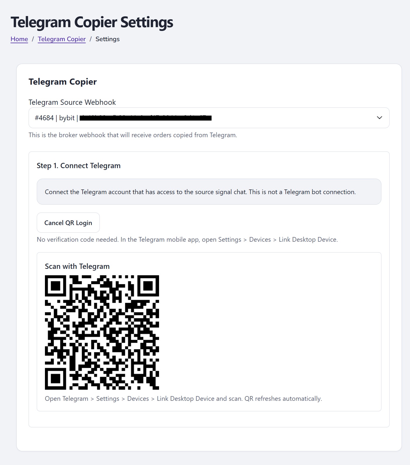 Telegram Copier Connect with QR Code screen in AlgoWay