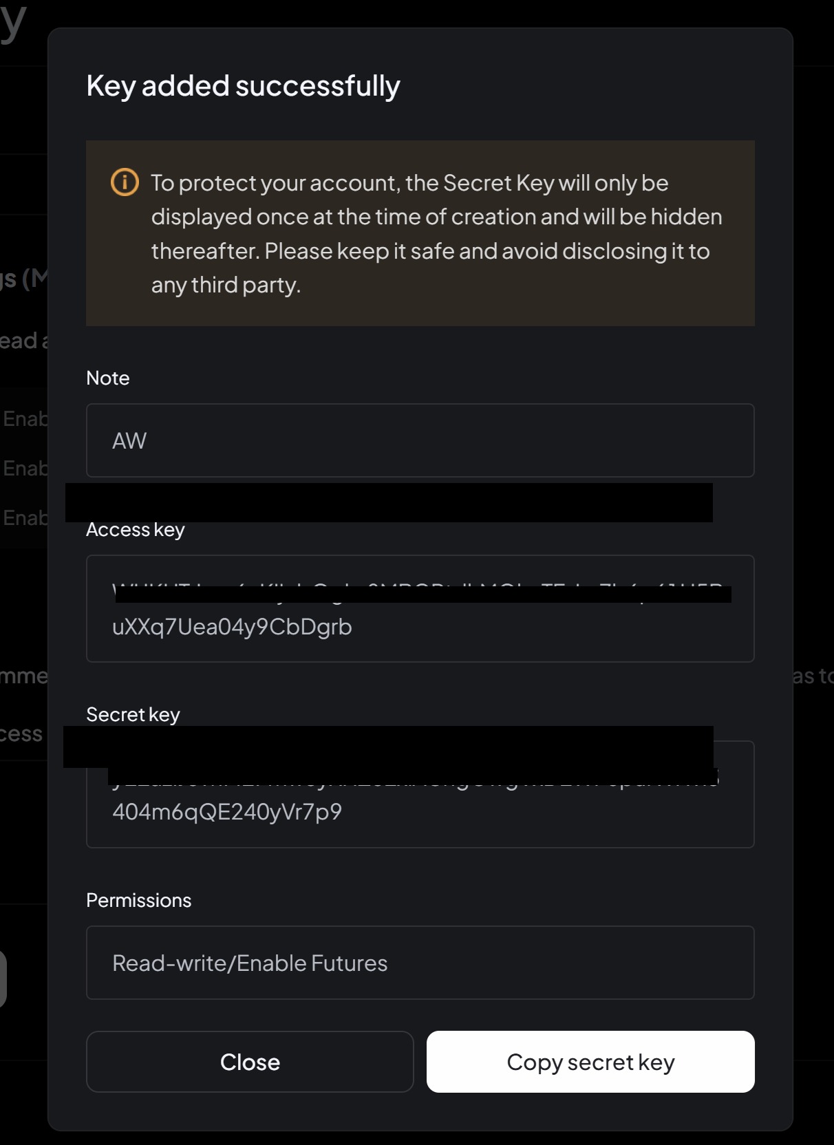 Toobit API key and secret key created for AlgoWay