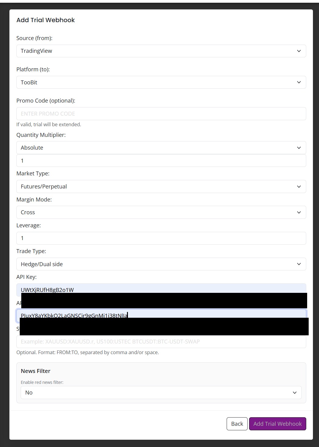 Configure Toobit API key secret leverage and trading mode in AlgoWay