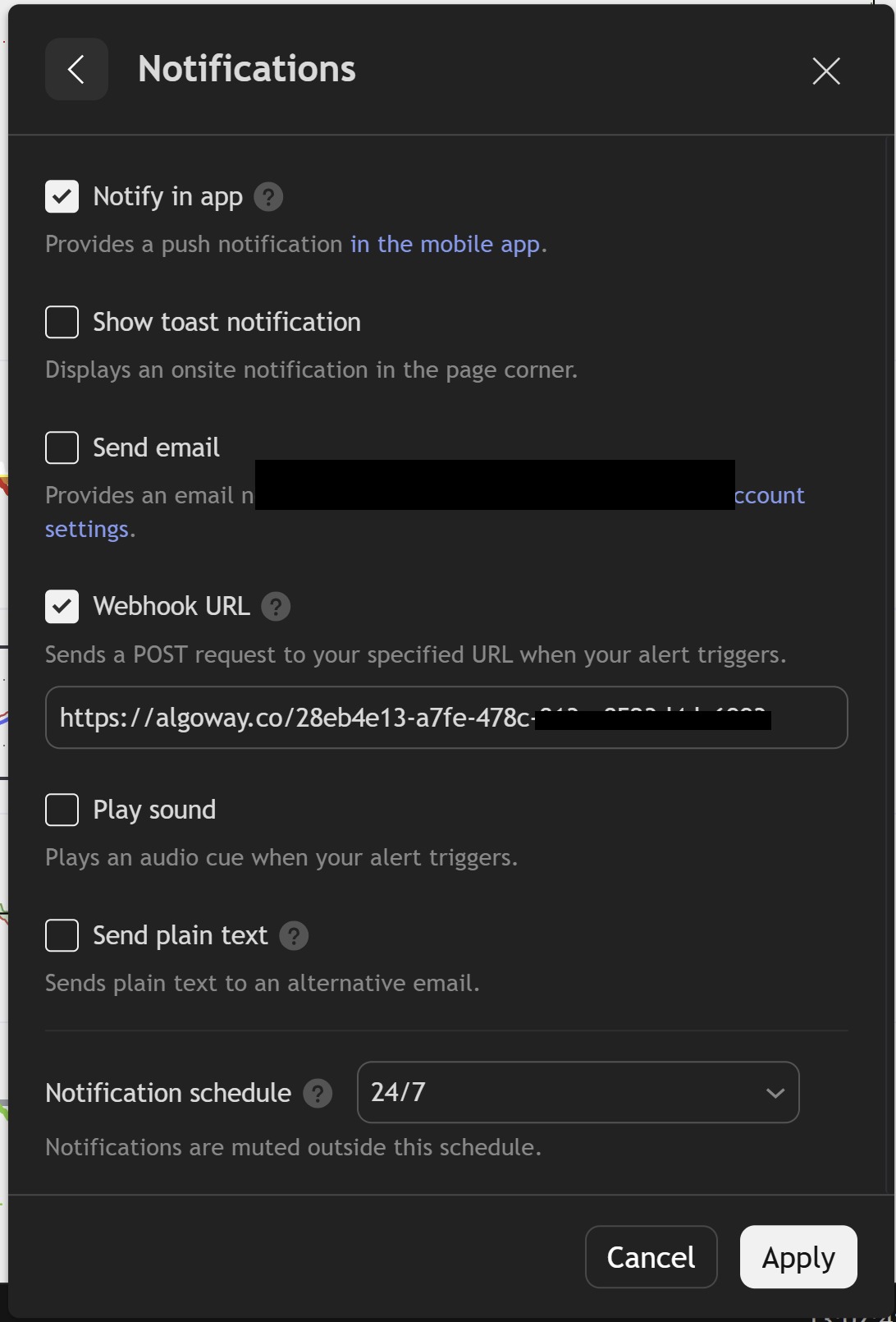 Paste the AlgoWay Toobit webhook URL into TradingView notifications