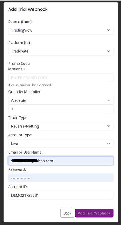 Configure Tradovate webhook login and account settings in AlgoWay