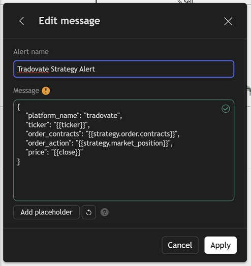 TradingView strategy alert JSON for Tradovate automation