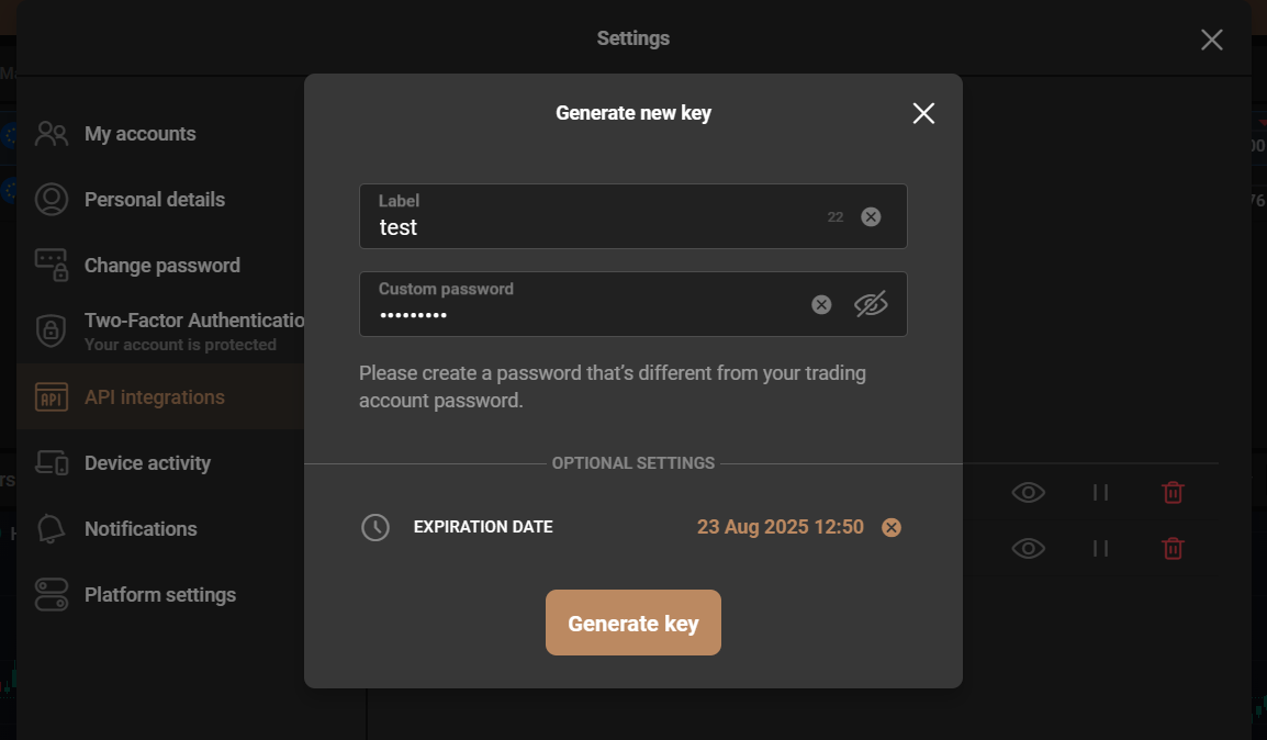 Capital.com Settings and API integrations