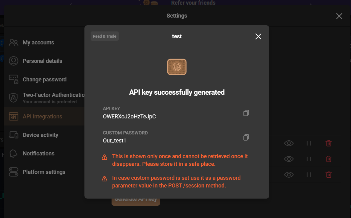 Generate a Capital.com API key and custom API password