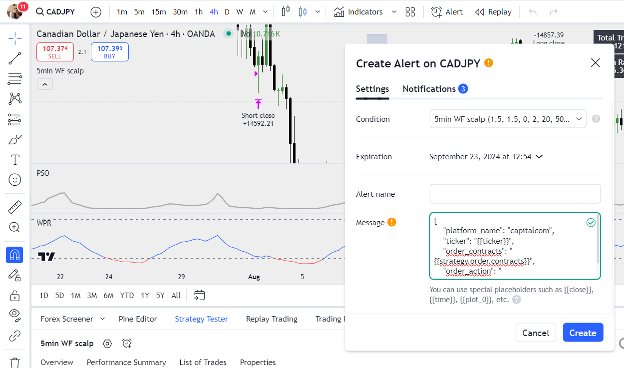 TradingView Webhook URL field for AlgoWay Capital.com automation