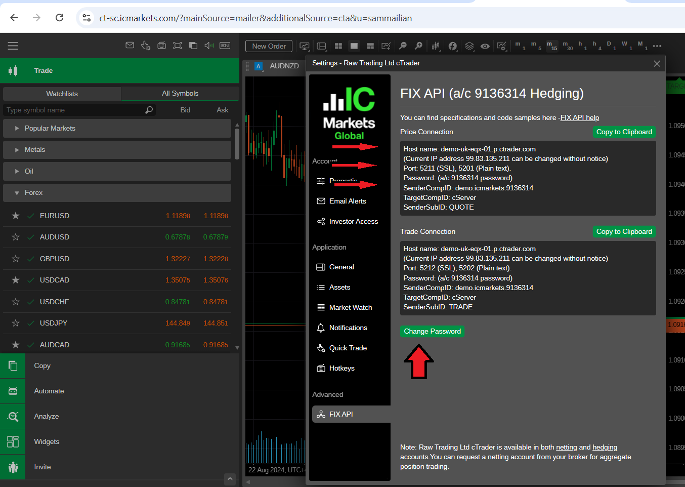 cTrader FIX API settings showing the server port and SenderCompID needed for trading