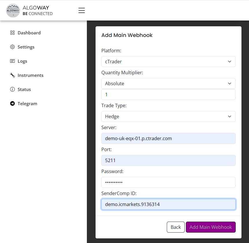 AlgoWay cTrader FIX API webhook settings for TradingView signals