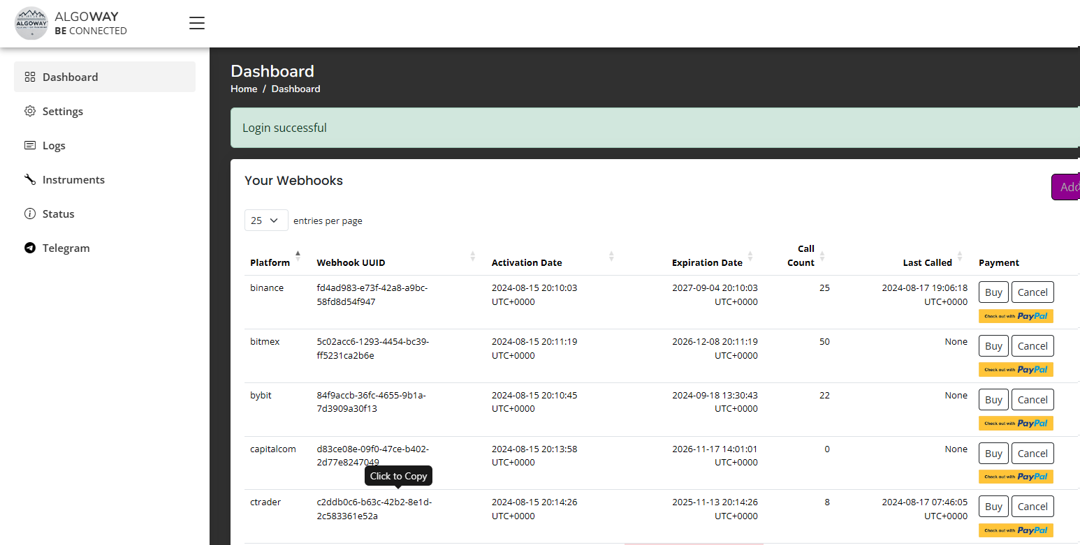 AlgoWay dashboard with a saved cTrader trading webhook