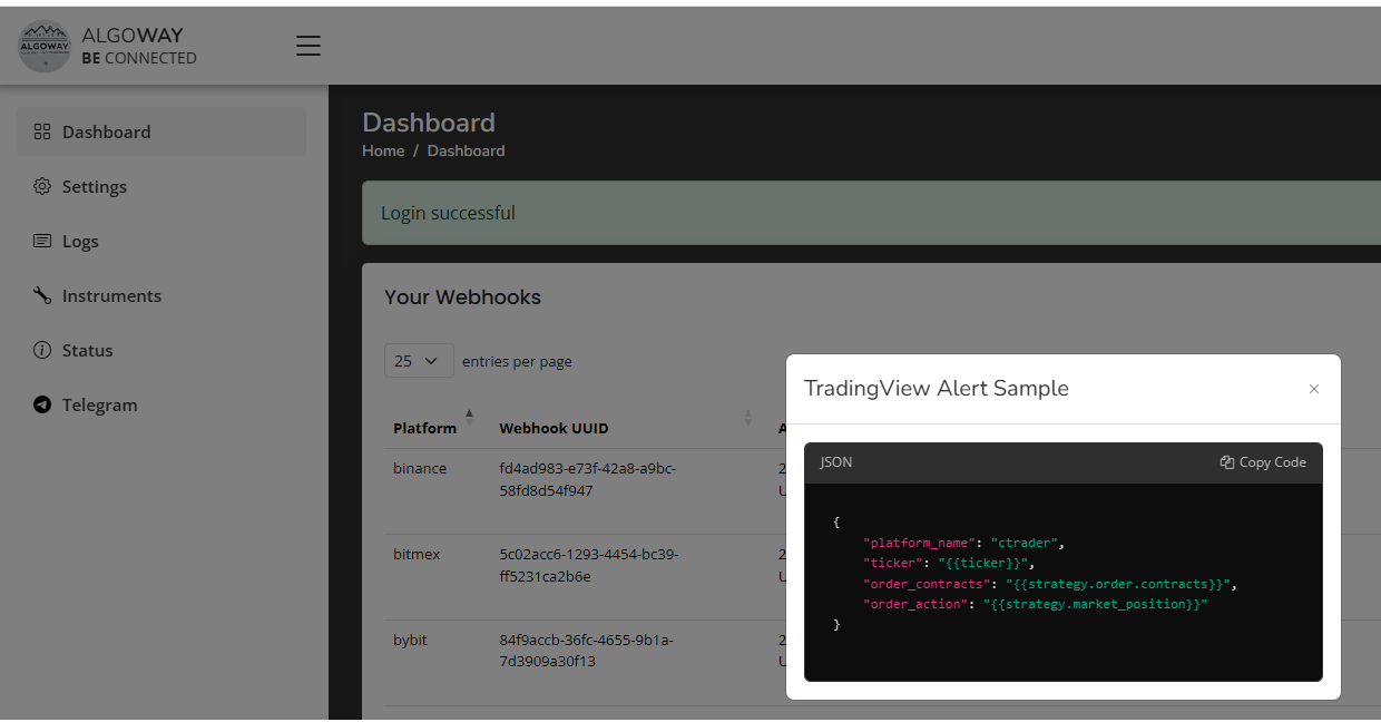 TradingView JSON message fields prepared for an AlgoWay cTrader webhook