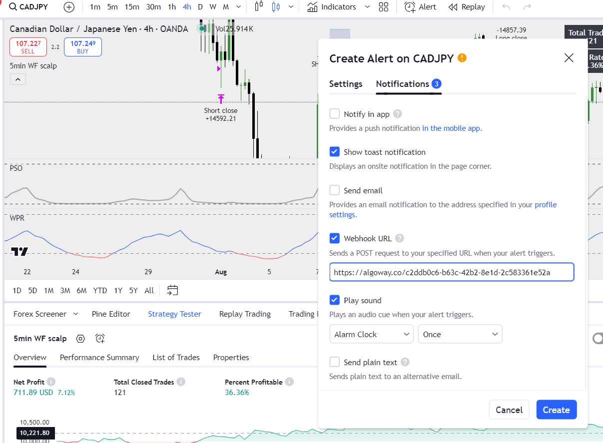 TradingView alert configuration with webhook URL delivery enabled