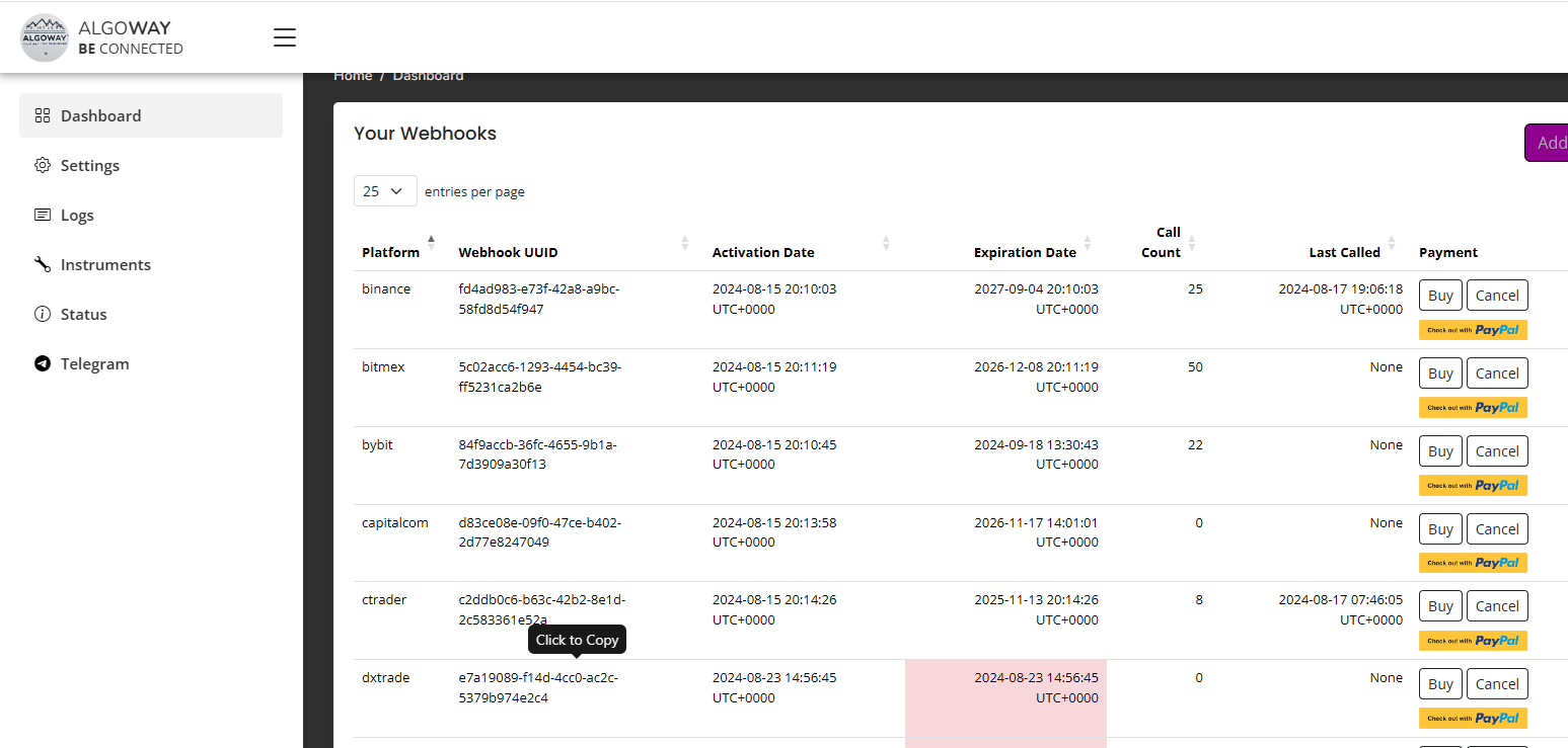 TradingView webhook URL field for AlgoWay DXtrade route