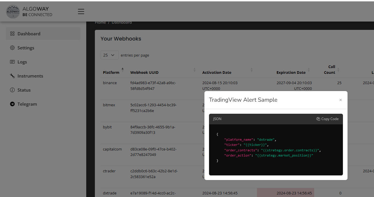 AlgoWay webhook logs for TradingView to DXtrade automation