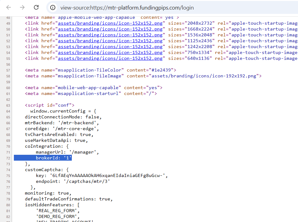Browser source code showing Match-Trader Broker ID