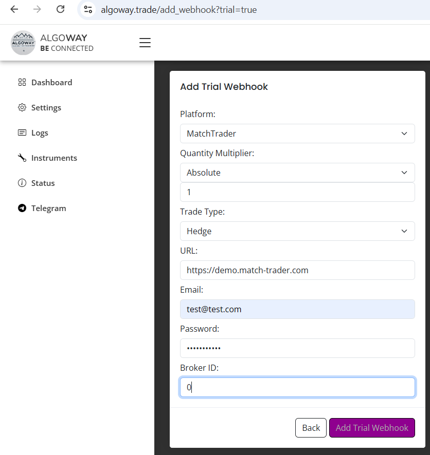 AlgoWay Add Trial Webhook form for TradingView to Match-Trader automation