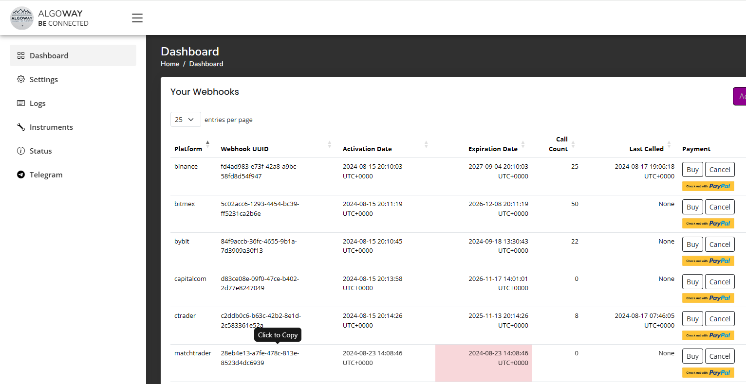 AlgoWay dashboard showing Match-Trader webhook URL