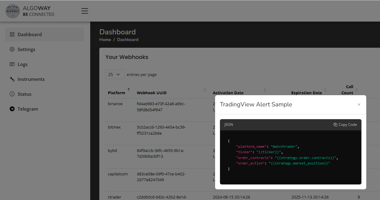 TradingView alert message field with Match-Trader JSON for AlgoWay