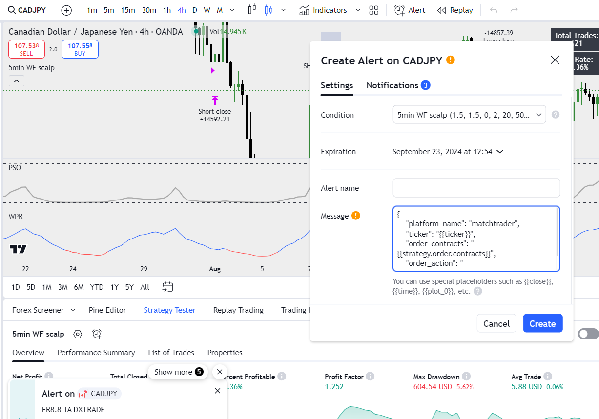TradingView alert configuration for Match-Trader webhook automation