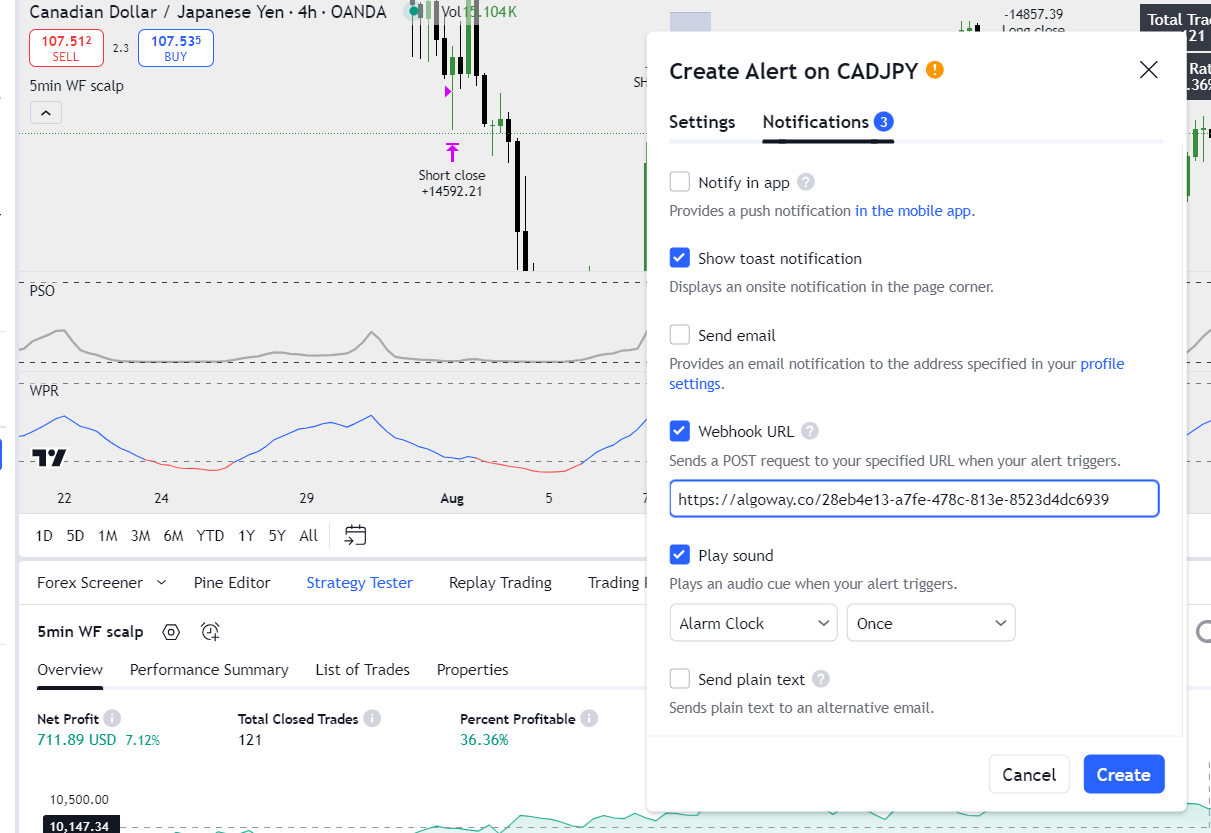 TradingView webhook URL field for AlgoWay Match-Trader automation