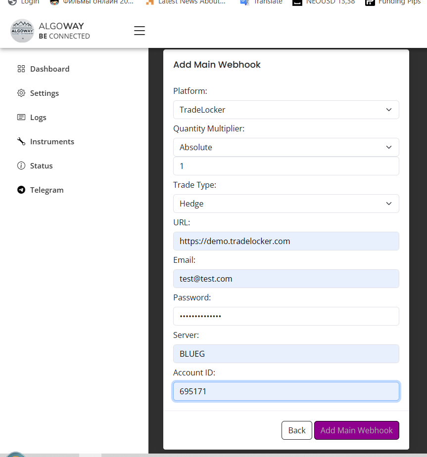 Open AlgoWay dashboard to add a TradeLocker webhook for TradingView alerts