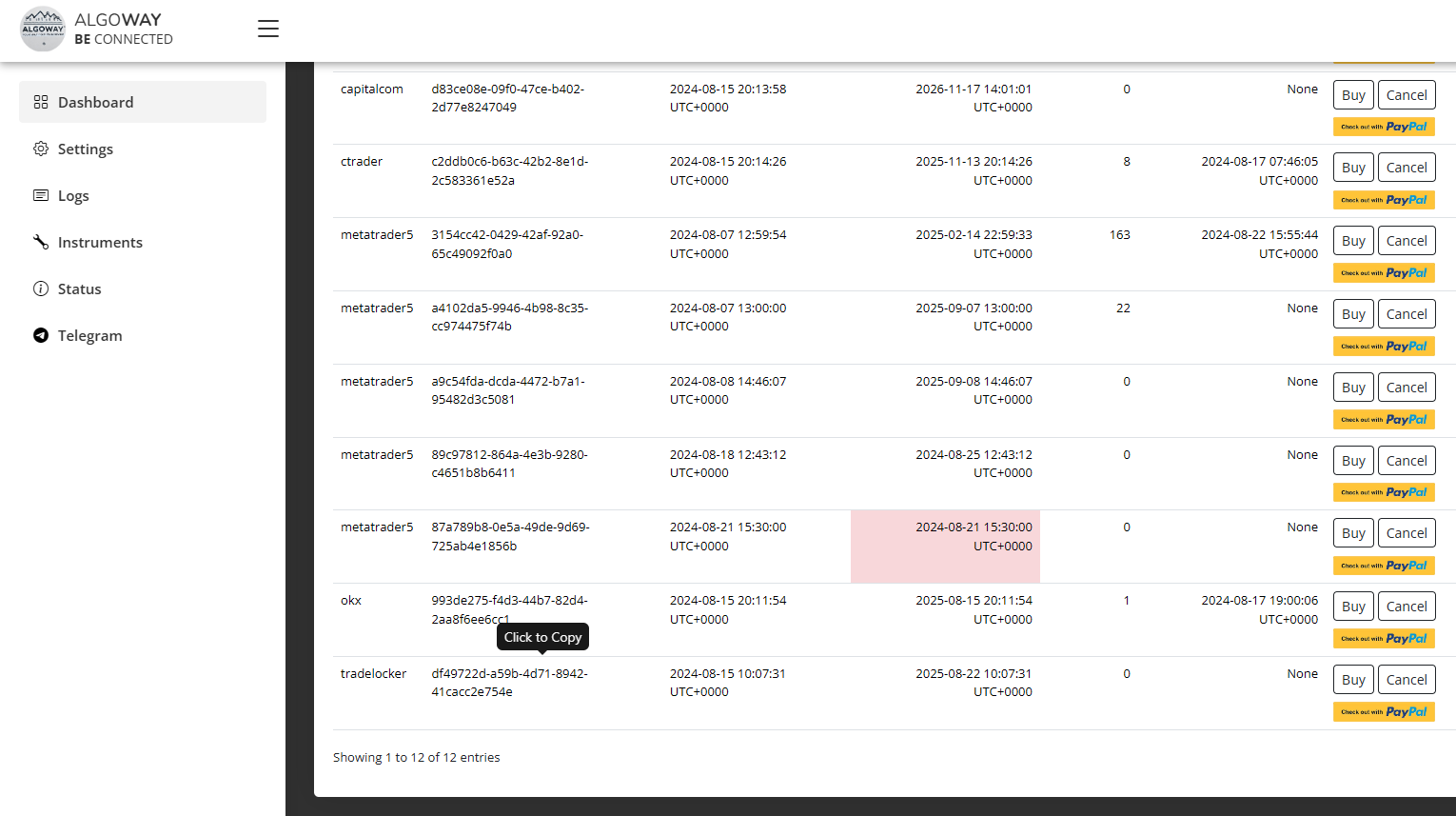 AlgoWay TradeLocker webhook settings with URL email password server and Account ID