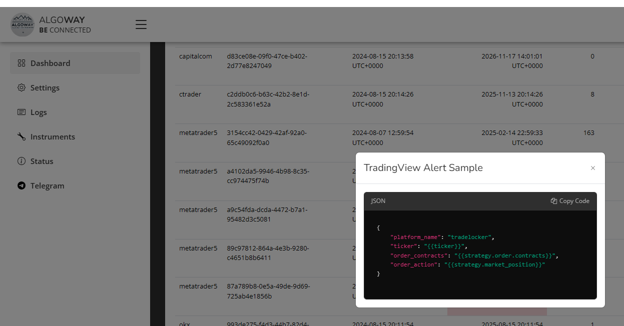 Create TradingView alert condition for TradeLocker automation through AlgoWay