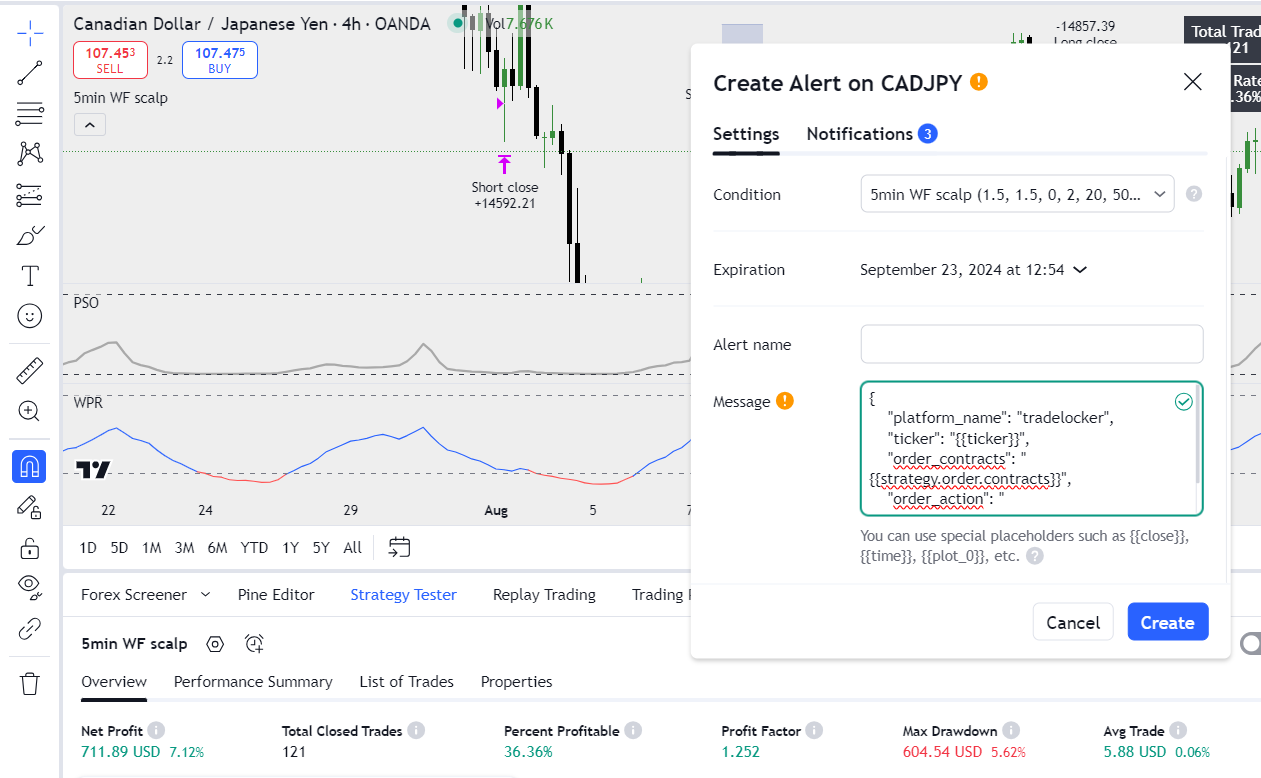 Enable TradingView webhook URL and paste AlgoWay webhook for TradeLocker